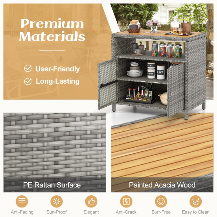 Rattan storage cabinet with painted acacia wood countertop, featuring a PE rattan surface, ideal for poolside or patio.